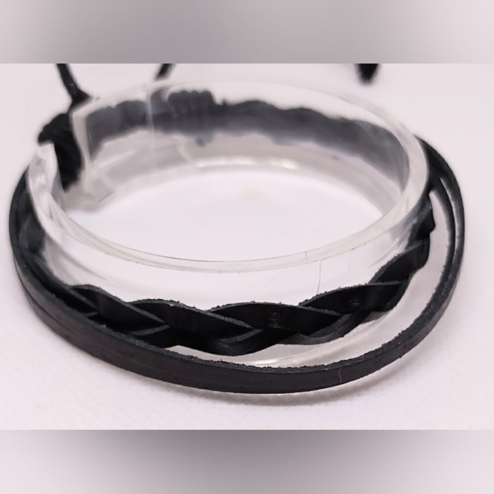 Men's leather bracelet‎ braided layered black new e47